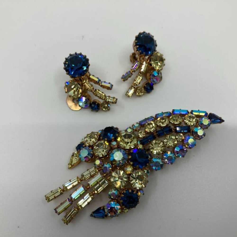 Vtg 1950 AUSTRIA blue/yellow chunky earrings brooch set
